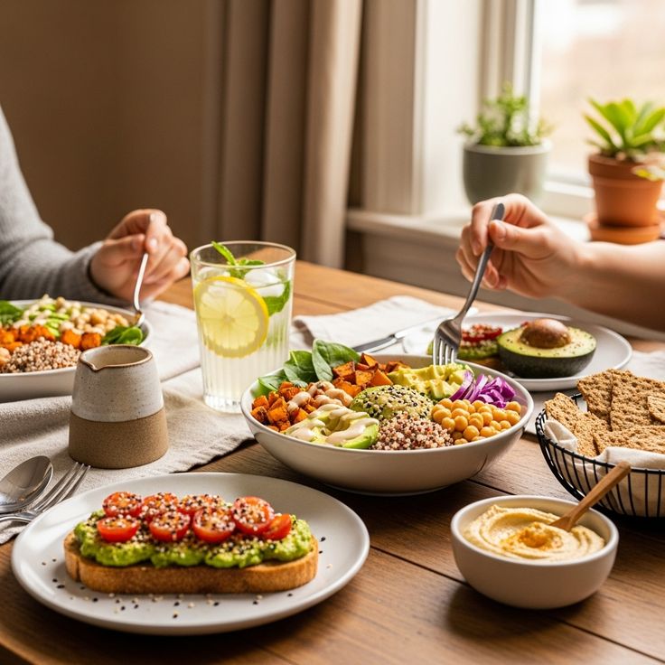 Stylized illustration of balanced meal bowls with soft gradients